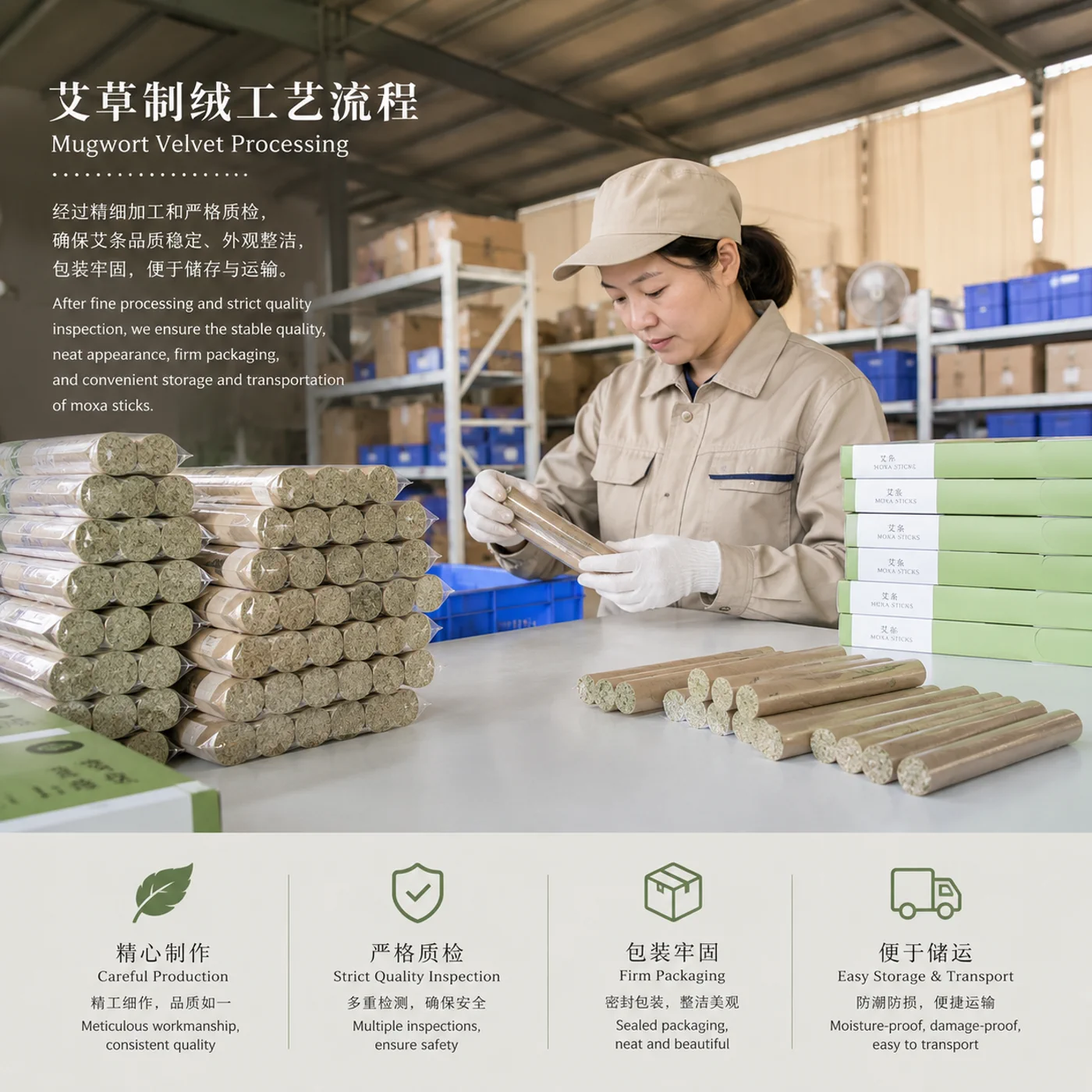 Mugwort velvet processing and packaging display